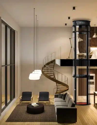 Sleek residential pneumatic vacuum elevator in a home setting - Nibav Lifts
